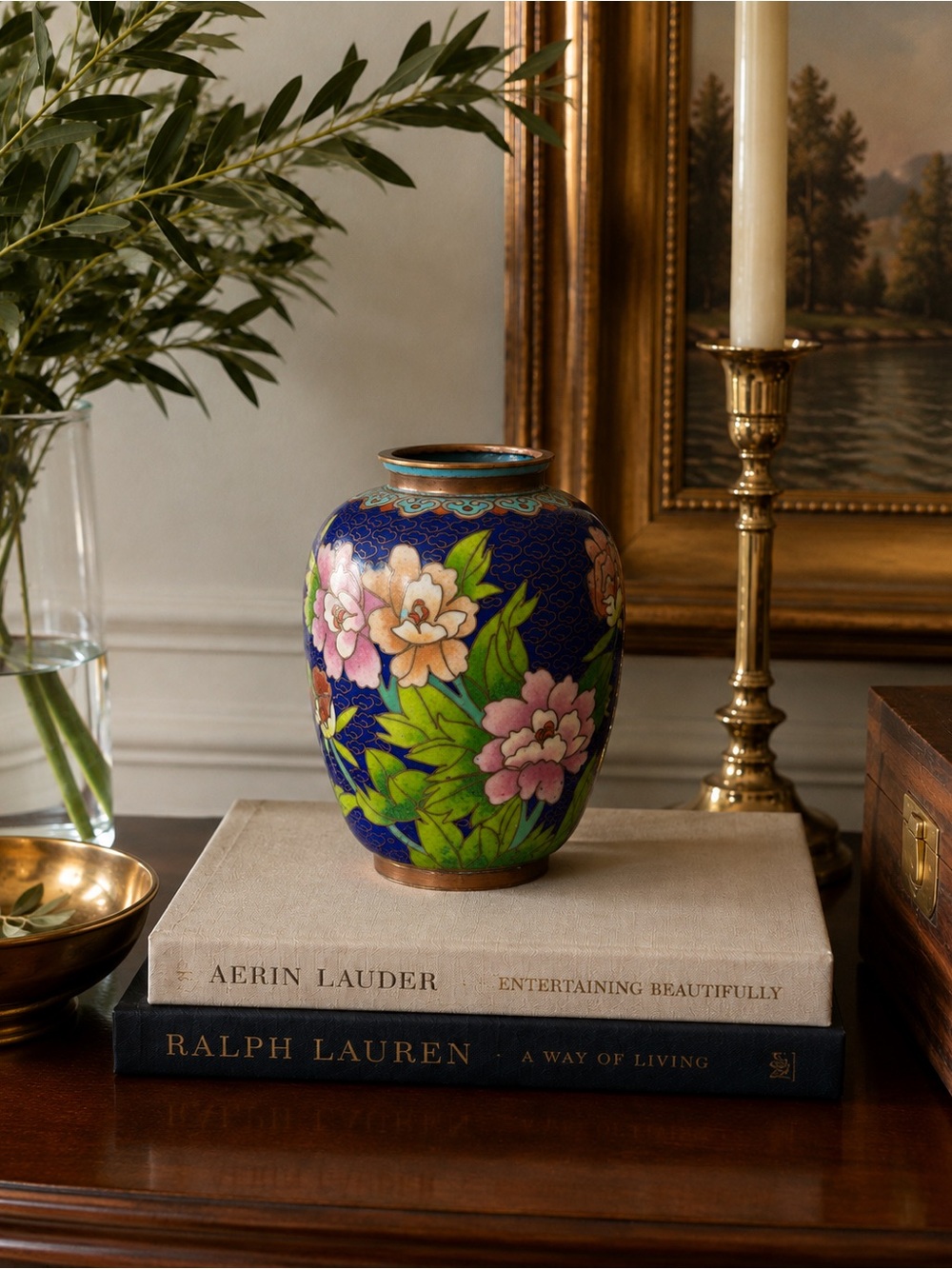 Vintage Chinese Cloisonné Petite Vase | Cobalt Blue Floral Peony 4.5”